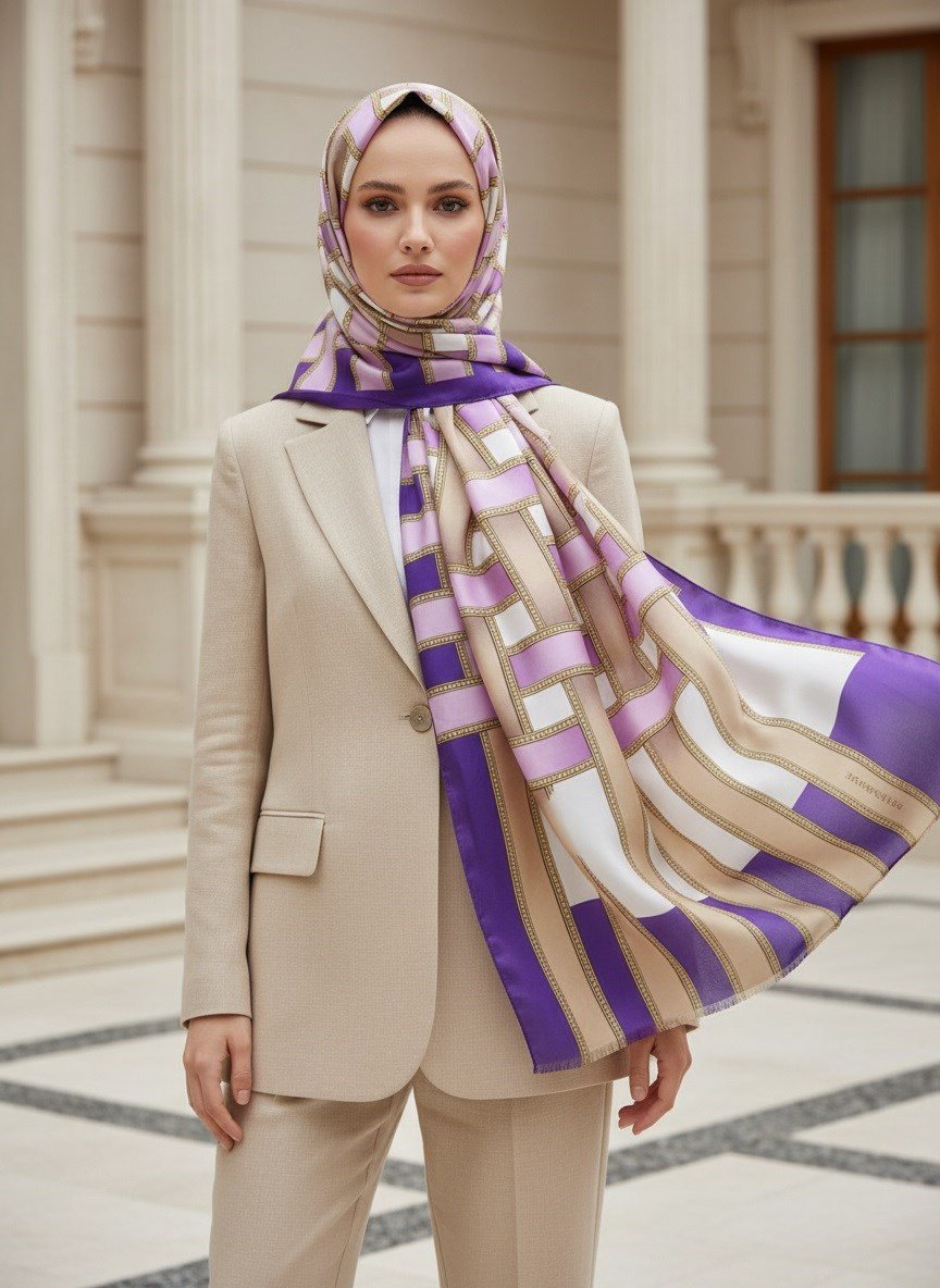 %100 Saf İpek Şal İnce Saten Vual Dokuma Kemer Desenli Mor - Lila Renkli 90x210 Şal