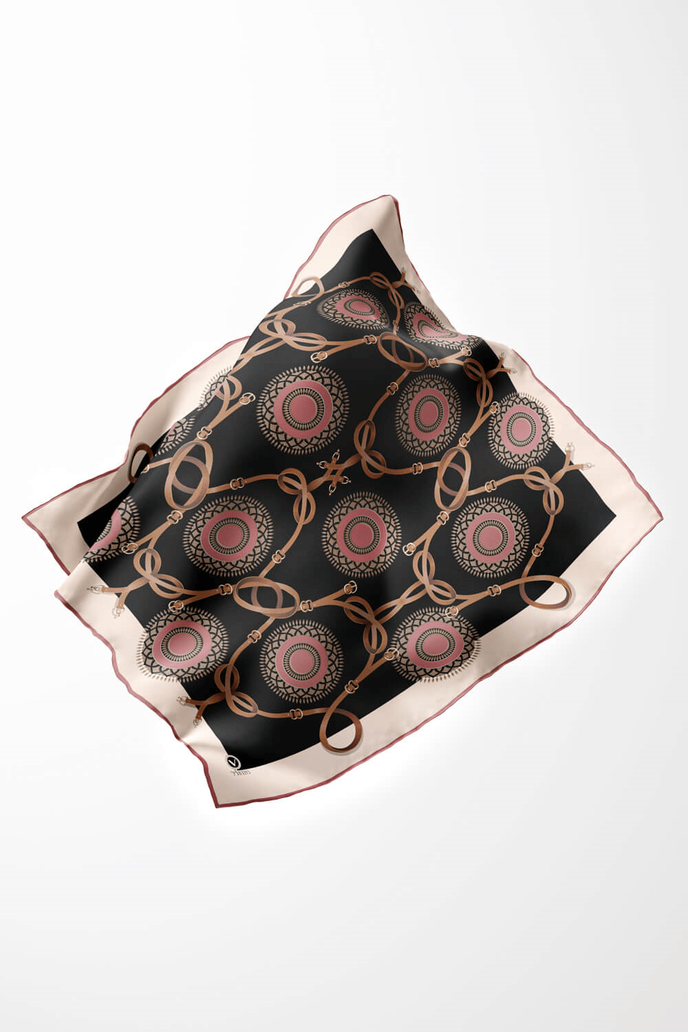 Twill Kemerli Ve Geometrik Desenli Gül Kurusu Renkli 90x90 Eşarp (İpek İçermez) Kenar Dikiş Şekli El Dikişli
