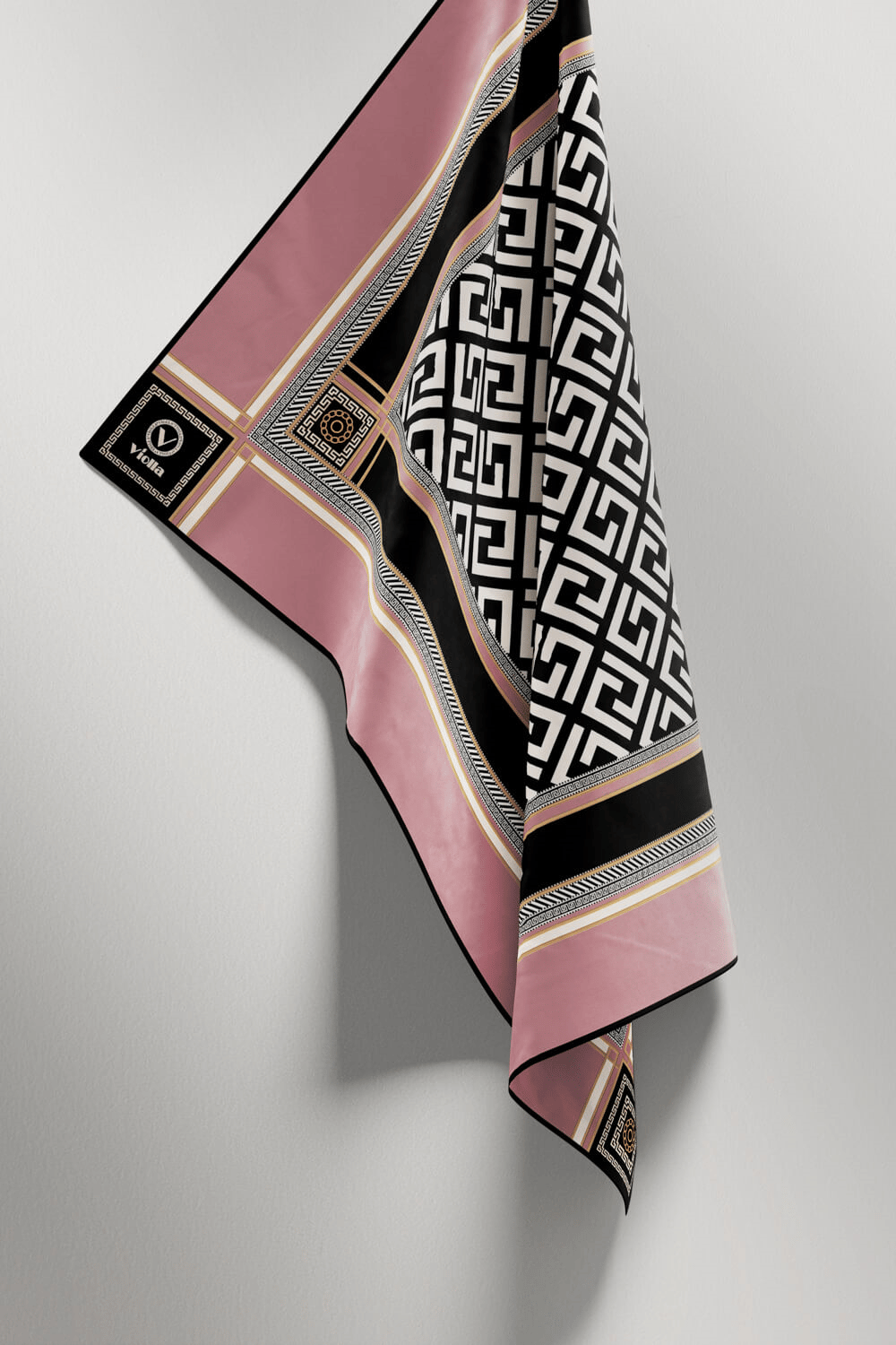 Twill Antik Desenli Pudra Renkli 90x90 Eşarp (İpek İçermez) Kenar Dikiş Şekli El Dikişli