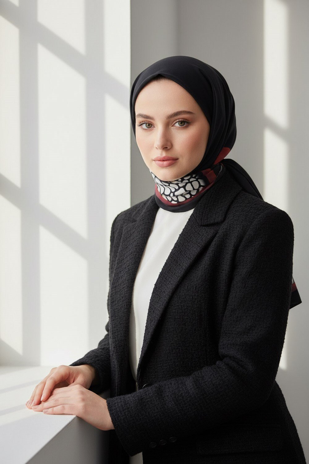 KREP DESENLİ SİYAH - BORDO RENKLİ 75X195 KIRIŞMAZ ŞAL