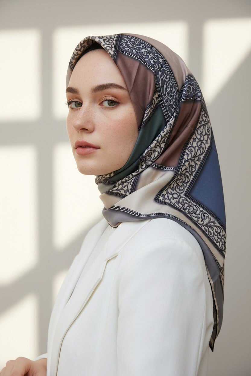 %100 Twill İpek Geometrik Desenli Gri - Pudra Renkli 90x90 Eşarp Dikim Şekli : El Dikişi