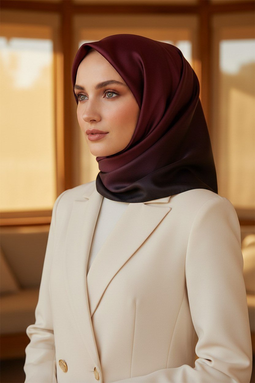 % 57  İPEK % 43 VİSKON Twill İpek Degrade Desenli Bordo Renkli 90x90 Eşarp Dikim Şekli : El Dikişi