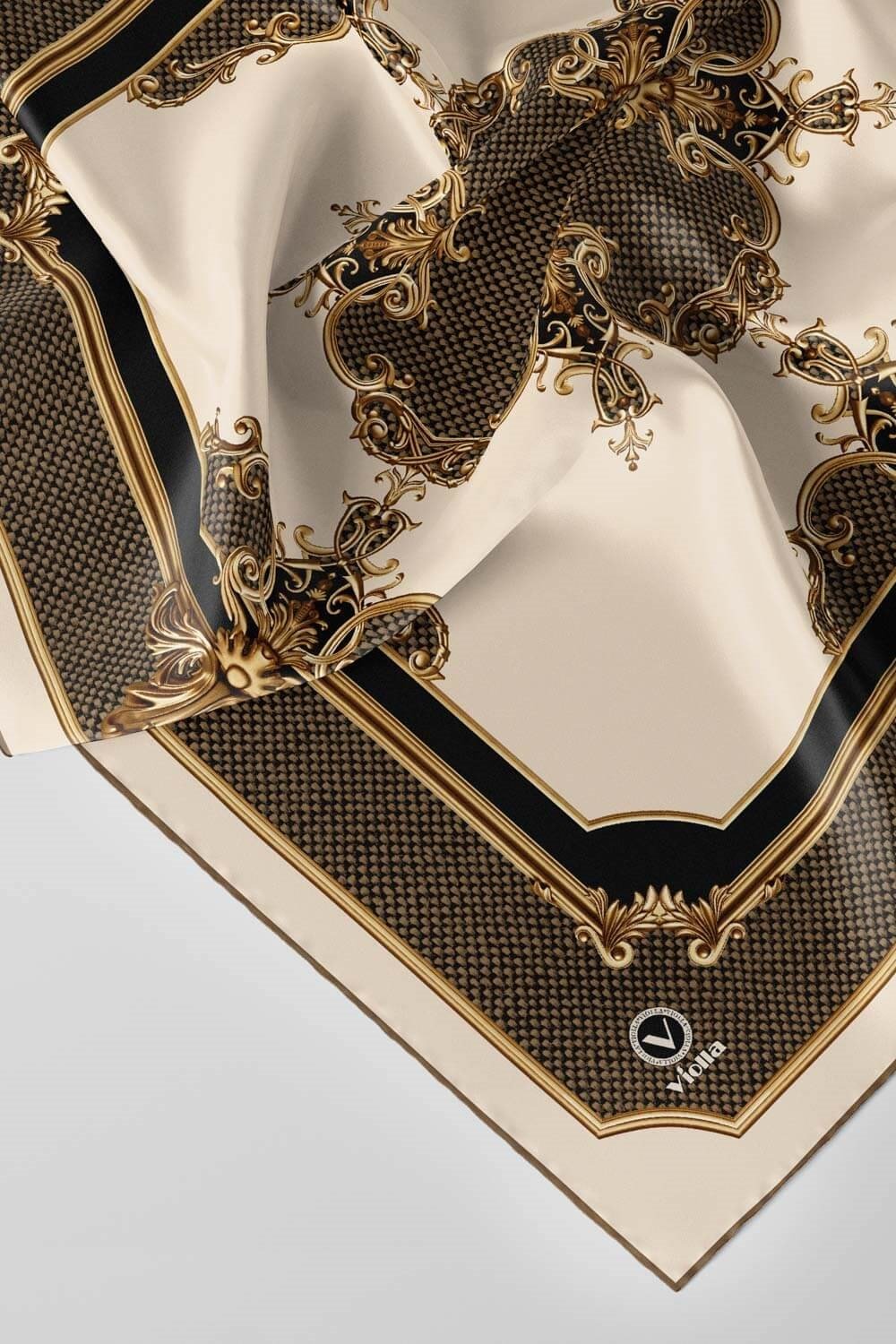 Twill Barok Desenli Vizon Renkli 90x90 Eşarp (İpek İçermez) Dikim Şekli : El Dikişi