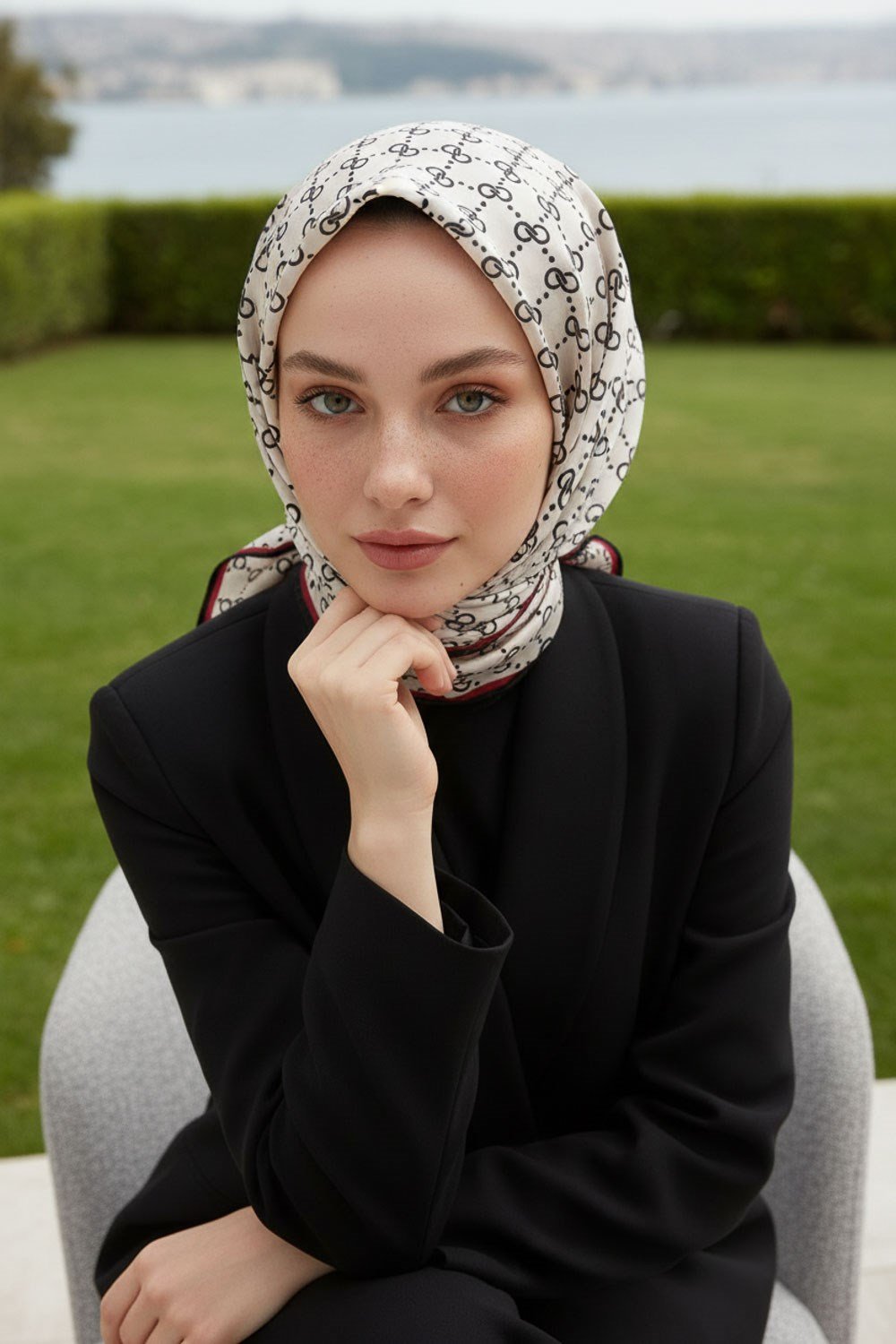 %57 İPEK %43 VİSKON Twill İpek Leopar Desenli Siyah - Krem Renkli 90x90 Eşarp Dikim Şekli : El Dikişi