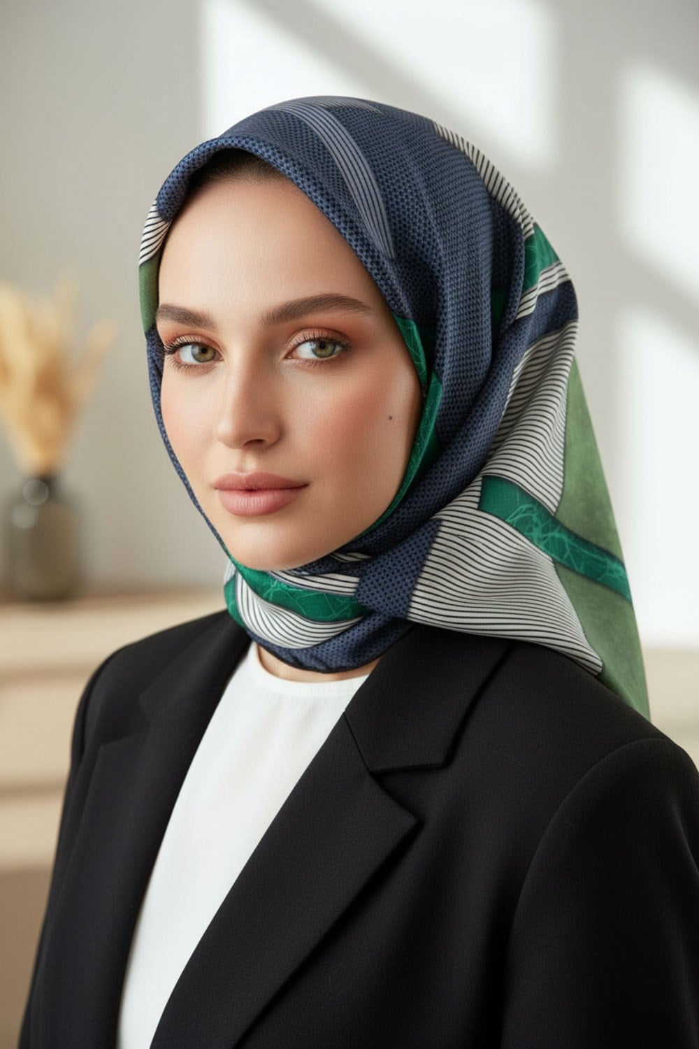 %100 Twill İpek Geometrik Desenli Siyah - Zümrüt Yeşili Renkli 90x90 Eşarp Dikim Şekli : El Dikişi