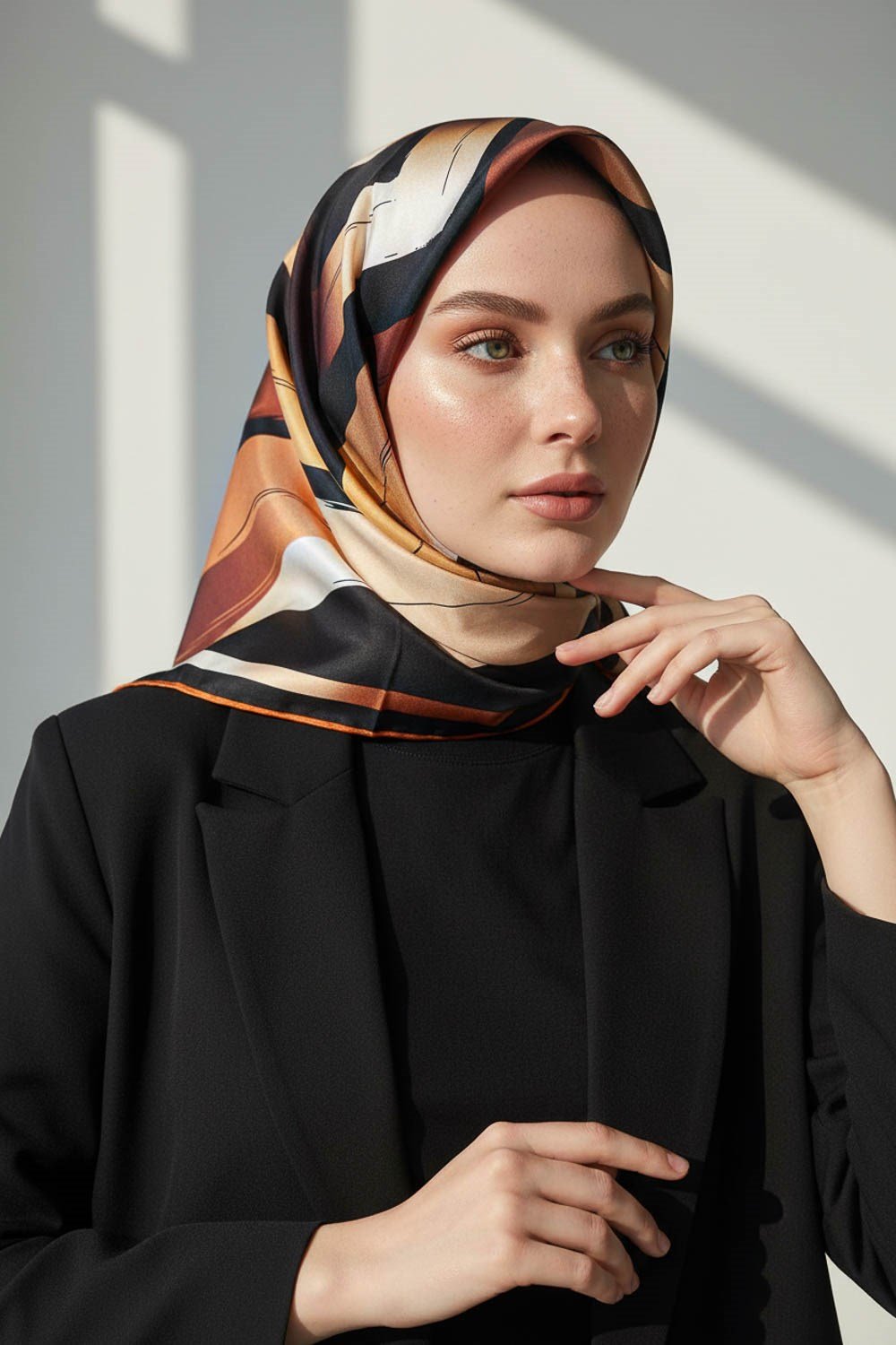 %100 Twill İpek Geometrik Fırça İzi Desenli Siyah - Taba Renkli 90x90 Eşarp Dikim Şekli : El Dikişi