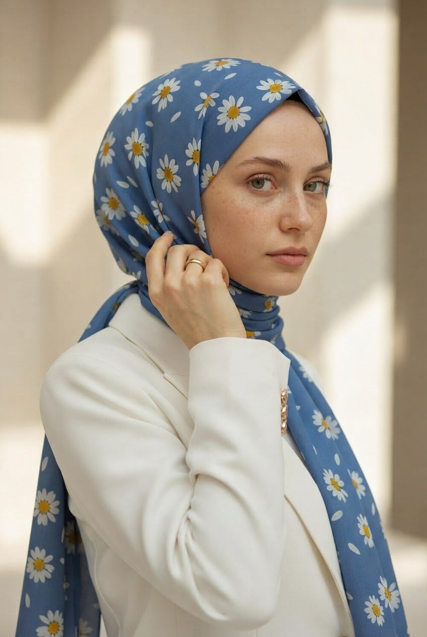 KREP PAPATYA DESENLİ BEBE MAVİSİ RENKLİ 75X195 KIRIŞMAZ ŞAL
