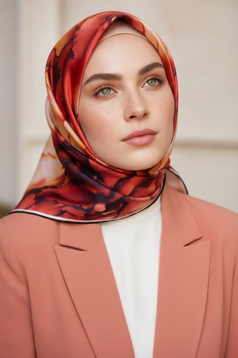 %100 Twill İpek Batik Çiçek Desenli Hardal - Kırmızı Renkli 90x90 Eşarp Kenar Dikiş Şekli El Dikişli