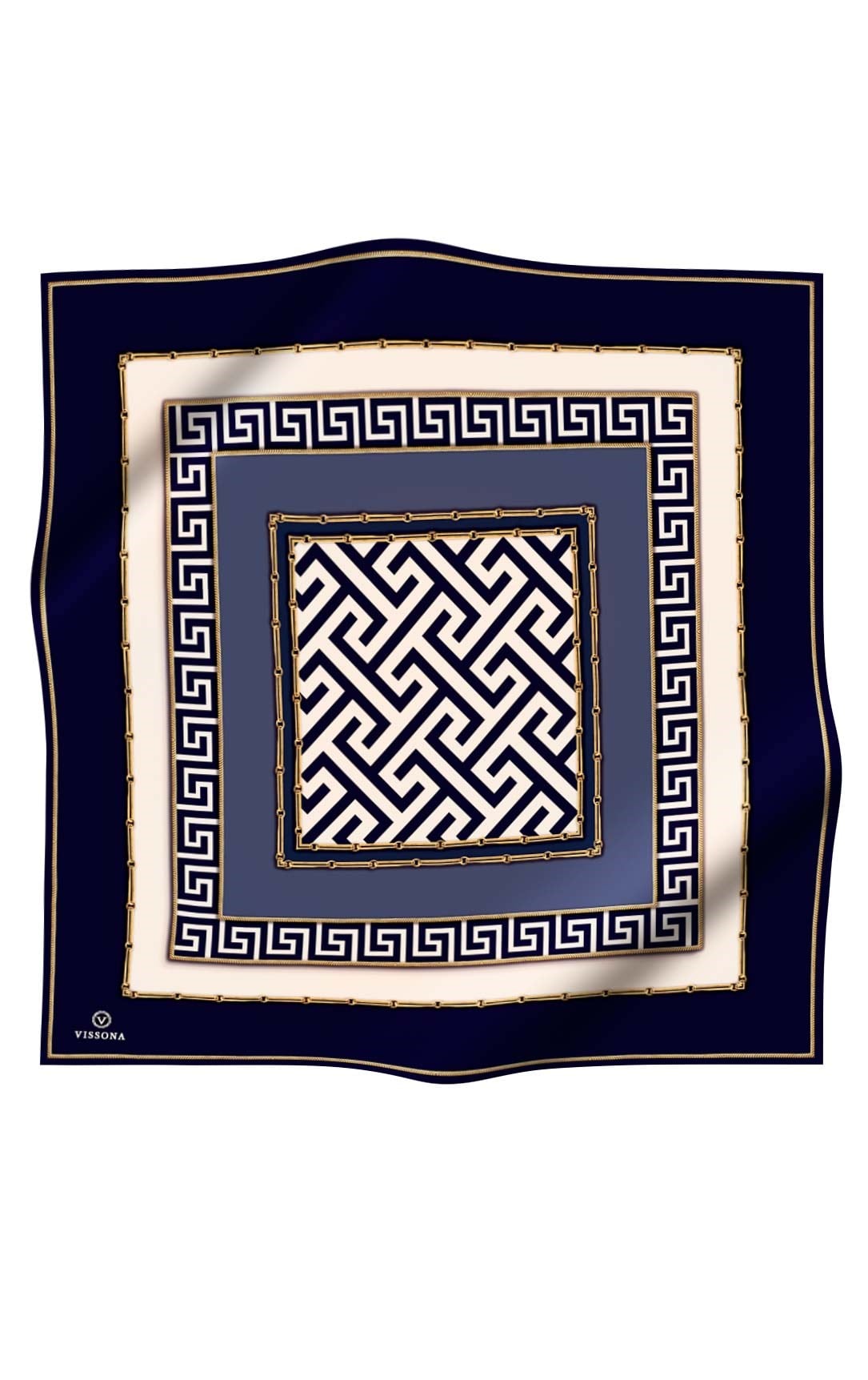 %100 Twill İpek Labirent Ve Geometrik Desenli Lacivert - İndigo Renkli 90x90 Eşarp Dikim Şekli : El Dikişi