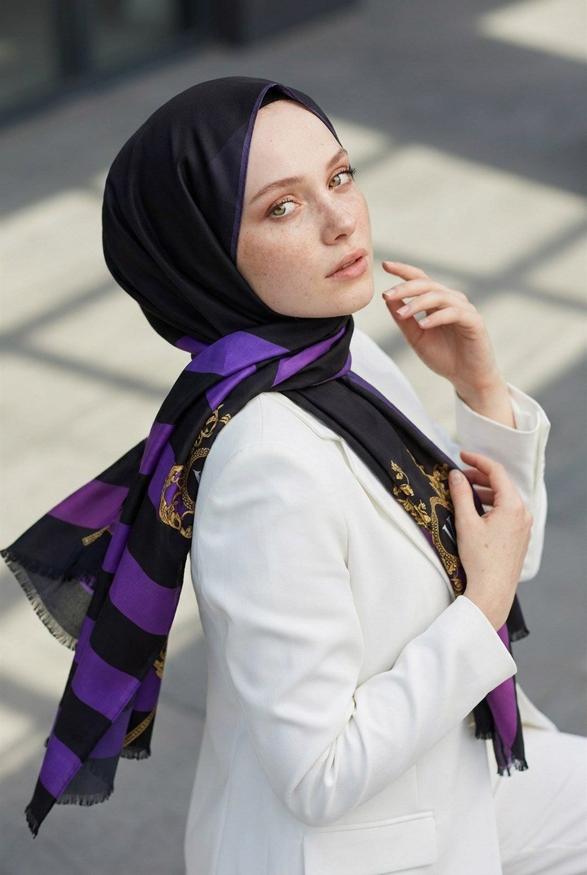 %100 Saf İpek Şal İnce Saten Vual Dokuma Şeritli Ve Varak Desenli Mor - Lila Renkli 90x210 Şal