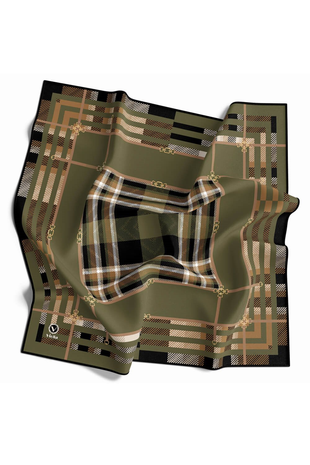 Twill Kemerli ve Ekose Desenli Haki Yeşili Renkli 90x90 Eşarp (İpek İçermez)Kenar Dikiş Şekli El Dikişli