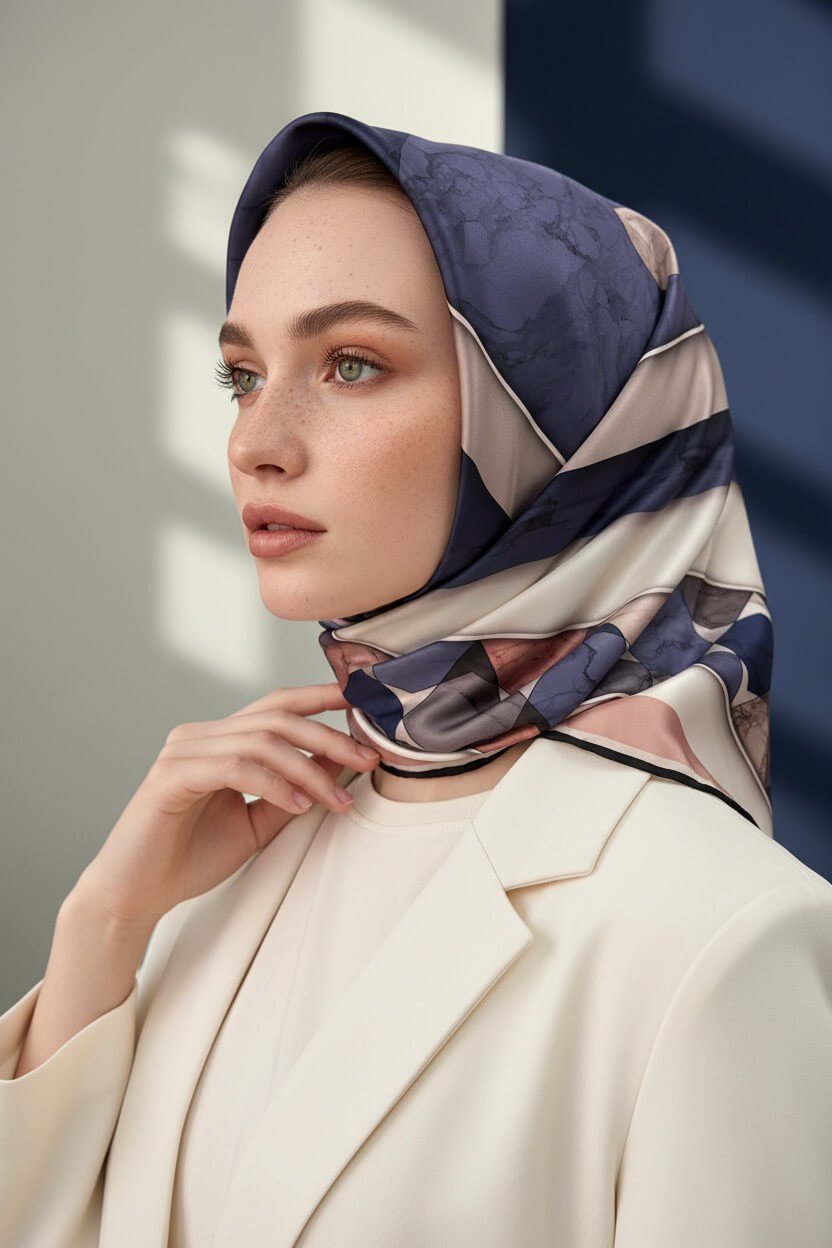 Rayon Geometrik Mermer Desenli Pudra Renkli 90x90 Eşarp (İpek İçermez) Kenar Dikiş Şekli El Dikişli