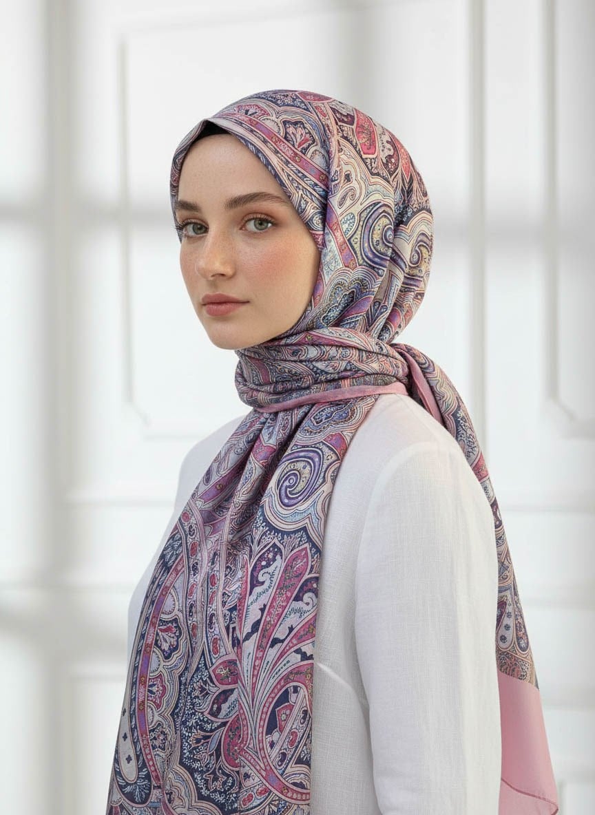 %100 Saf İpek Şal İnce Saten Vual Dokuma Etnik Desenli Pembe Renkli 90x210 Şal