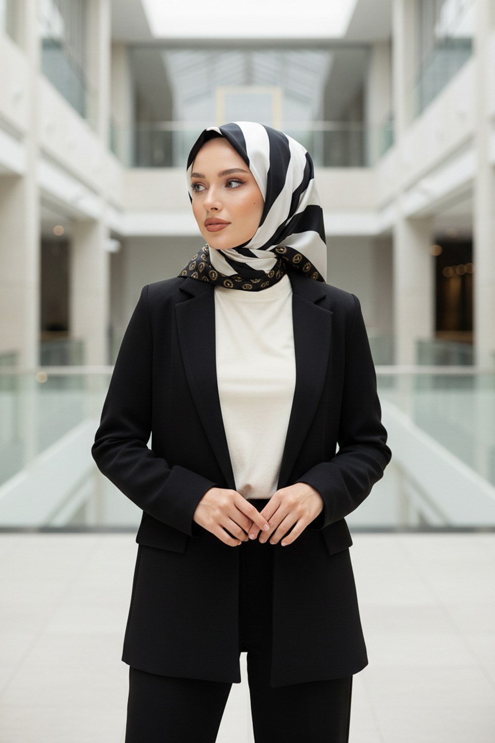 %100 Twill İpek Monogram Şerit Desenli Siyah - Krem Renkli 90x90 Eşarp Dikim Şekli : El Dikişi