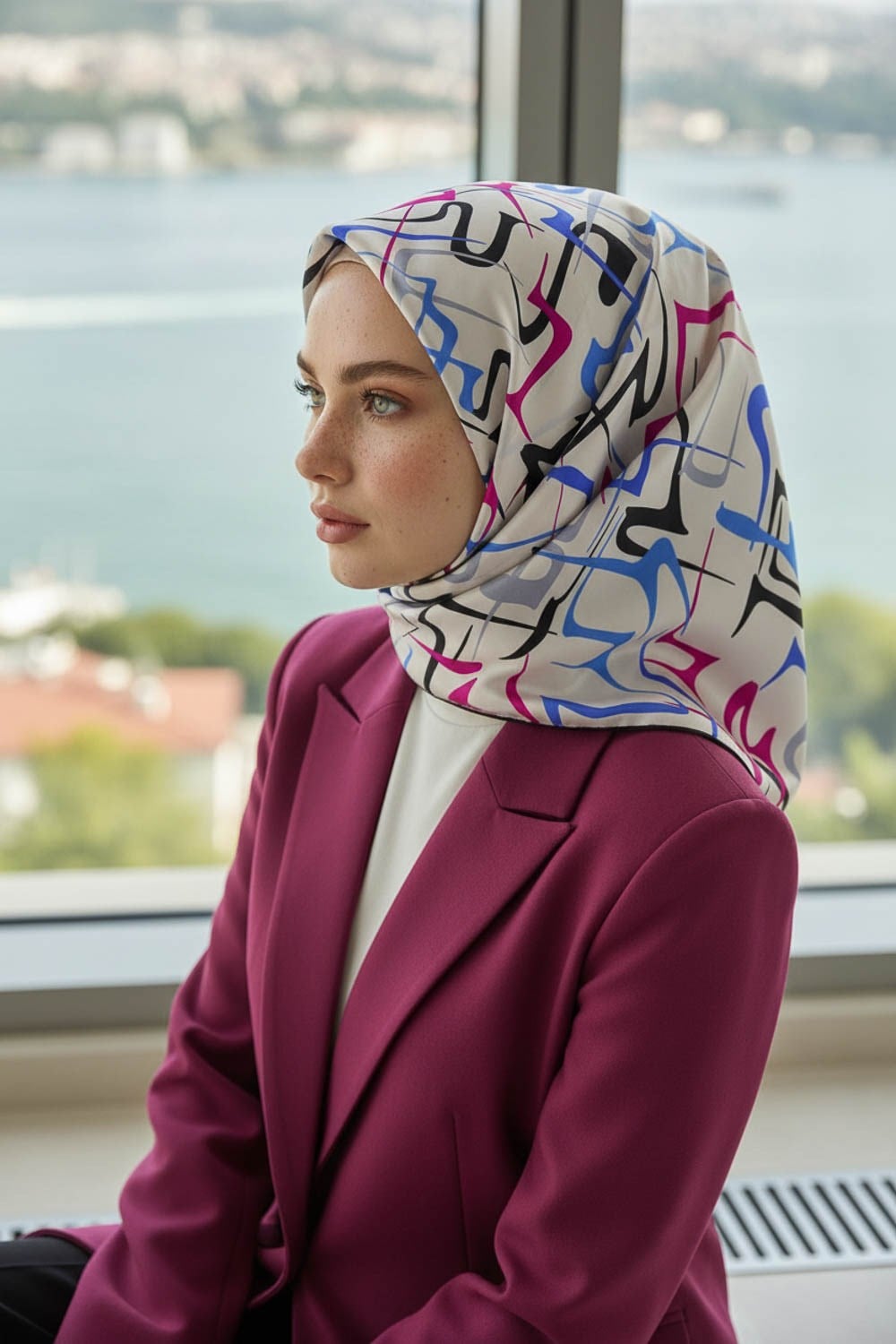 % 57 İPEK % 43 VİSKON Twill İpek Soyut Geometrik Desenli Fuşya - Saks Renkli 90x90 Eşarp Dikim Şekli : El Dikişi