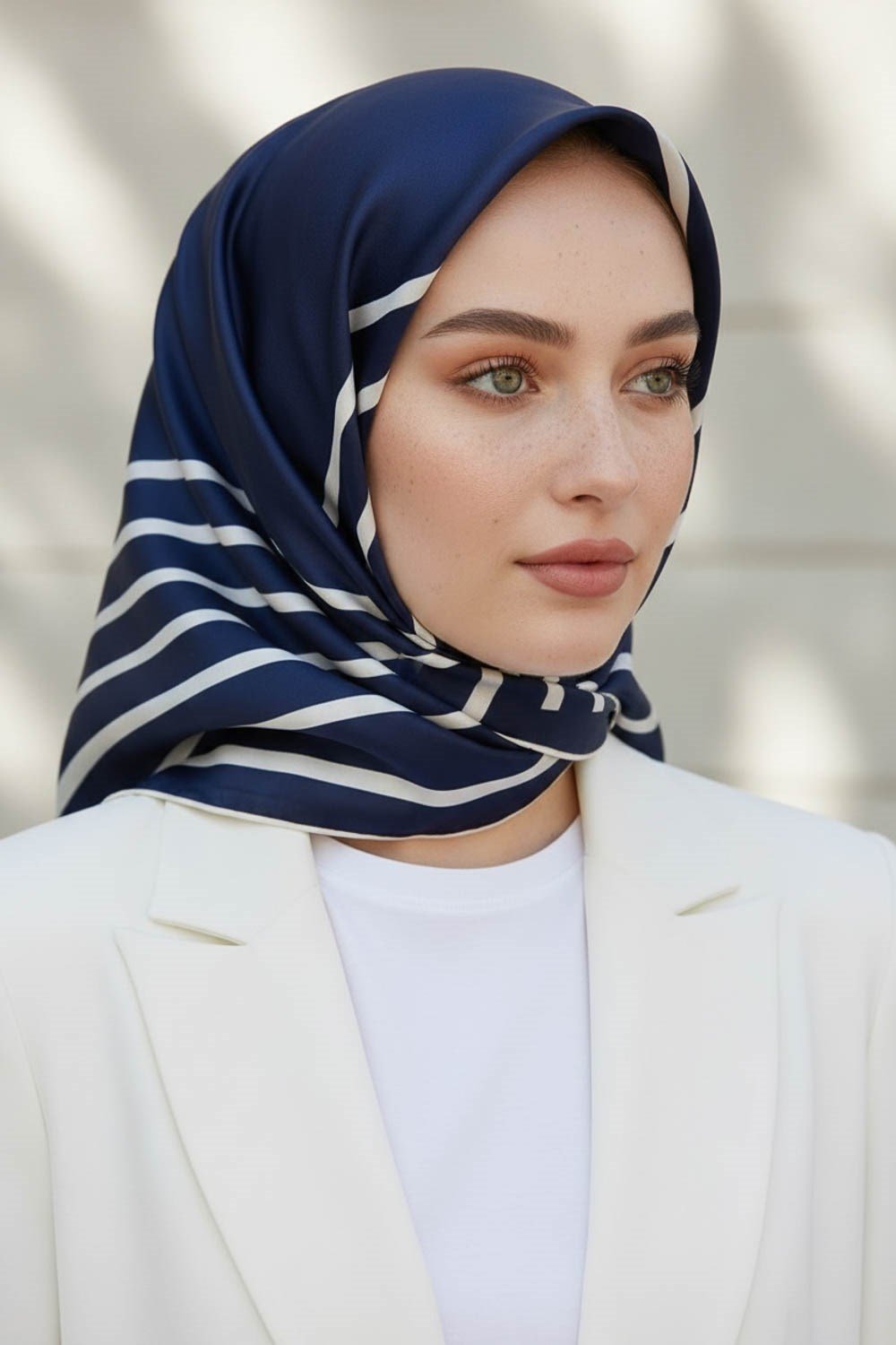 %100 Twill İpek Çizgili Desenli Lacivert - Krem Renkli 90x90 Eşarp Dikim Şekli : El Dikişi