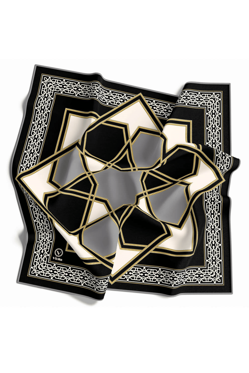 Twill Osmanlı Çini Desenli Gri Renkli 90x90 Eşarp (İpek İçermez)Kenar Dikiş Şekli El Dikişli