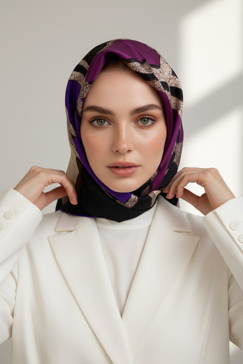 % 57 İPEK % 43 VİSKON Twill İpek Gold Efektli Geometrik Desenli Siyah - Mürdüm Renkli 90x90 Eşarp Dikim Şekli : El Dikişi