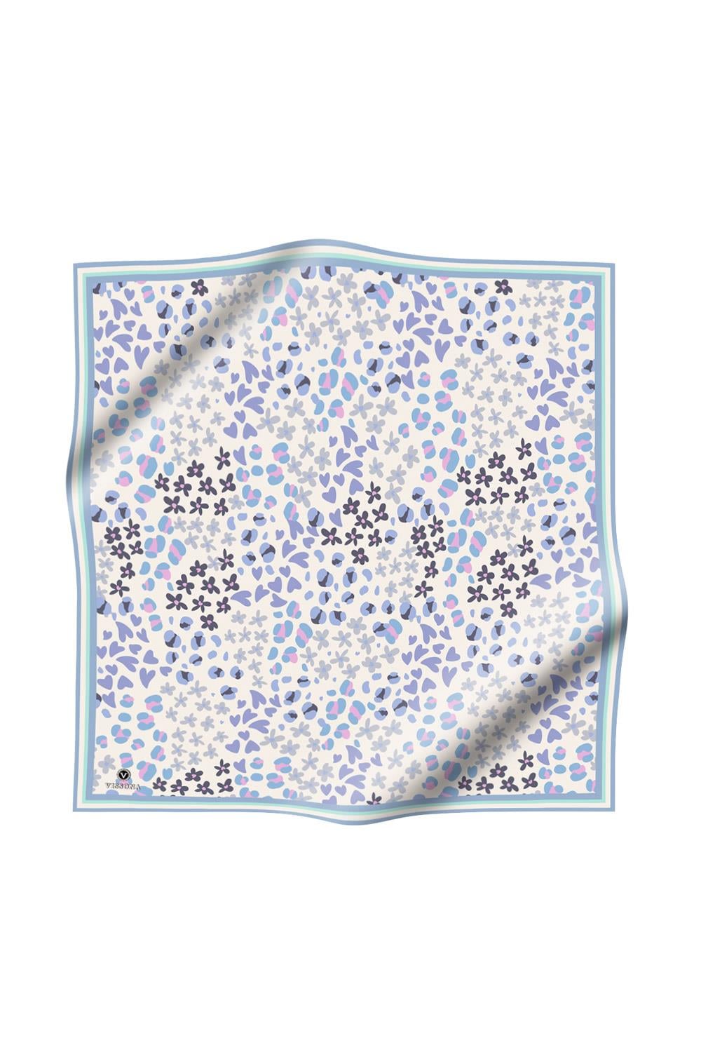 %100 Twill İpek Kalpli Leopar Desenli Buz Mavisi - Gri Renkli 90x90 Eşarp Dikim Şekli : El Dikişi