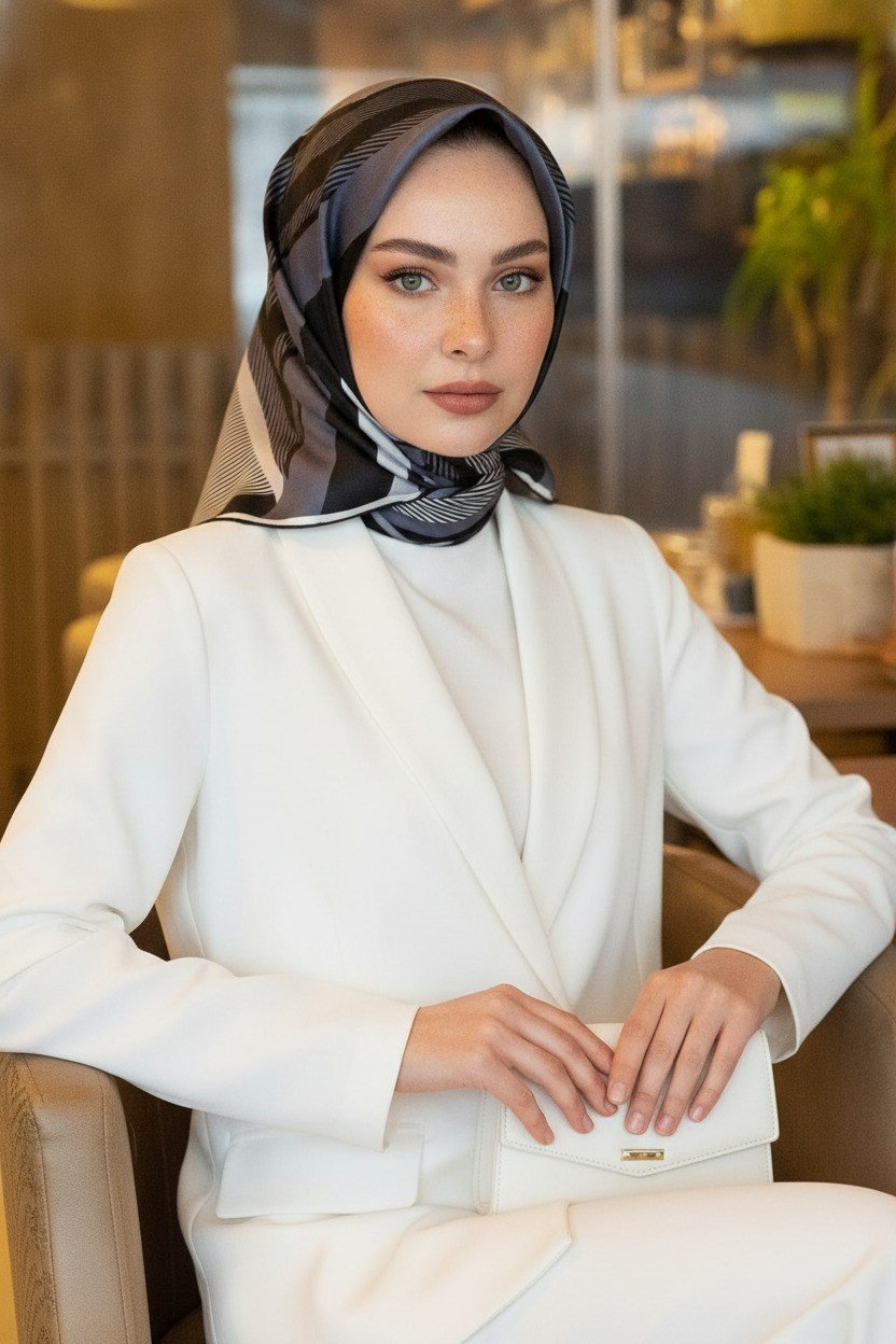 % 57 İPEK % 43 VİSKON Twill İpek Geometrik Desenli Gri - Siyah Renkli 90x90 Eşarp Dikim Şekli : El Dikişi