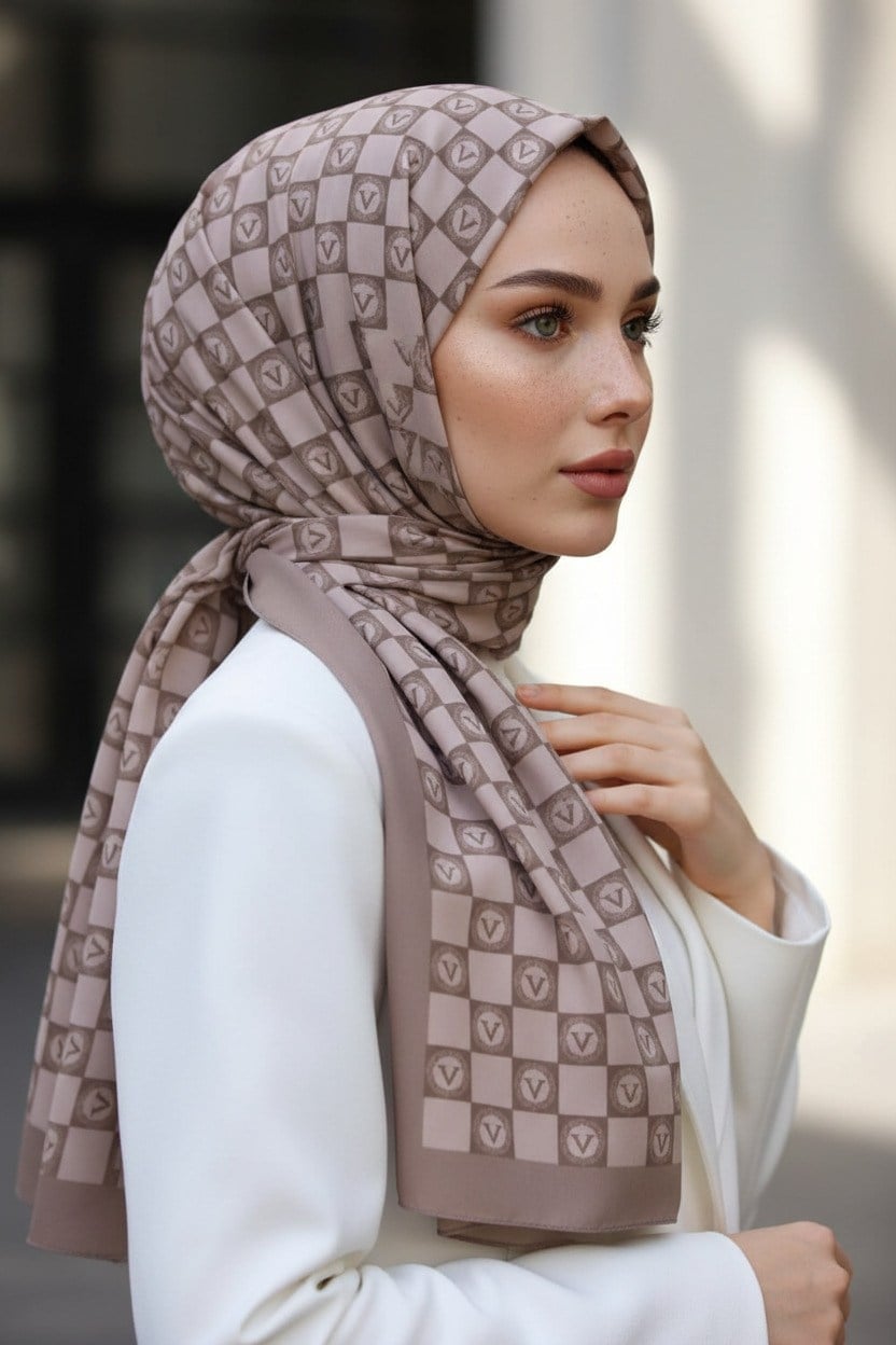 KREP MONOGRAM DESENLİ TAŞ RENKLİ 75X195 KIRIŞMAZ ŞAL