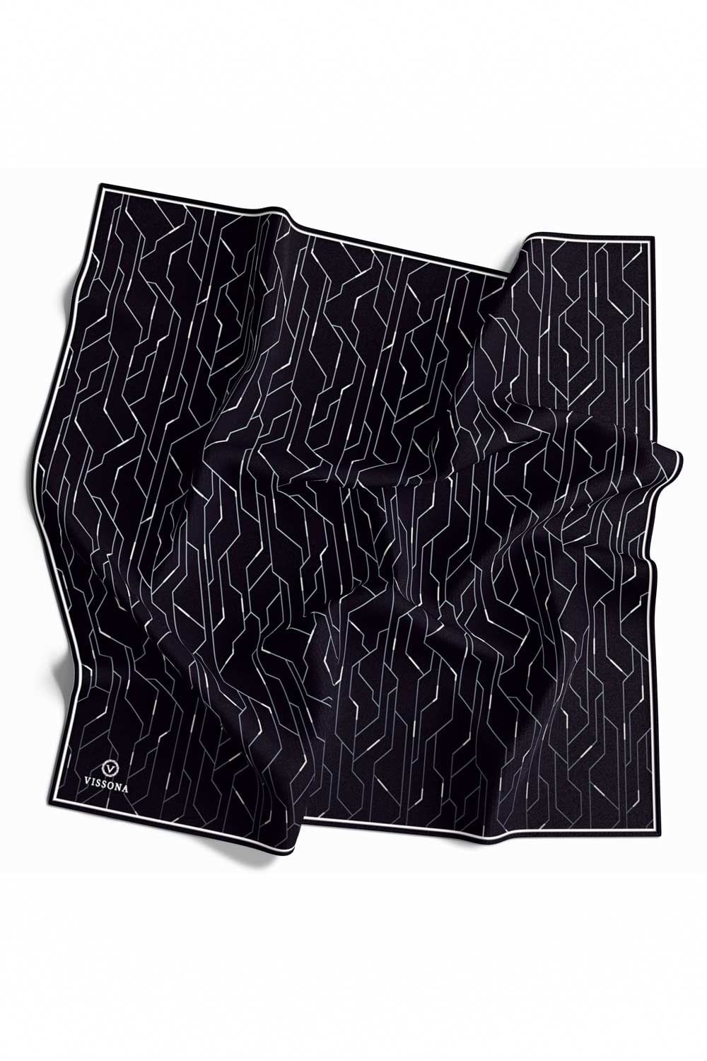 %100 Twill İpek Geometrik Desenli Siyah - Gri Renkli 90x90 Eşarp Dikim Şekli : El Dikişi
