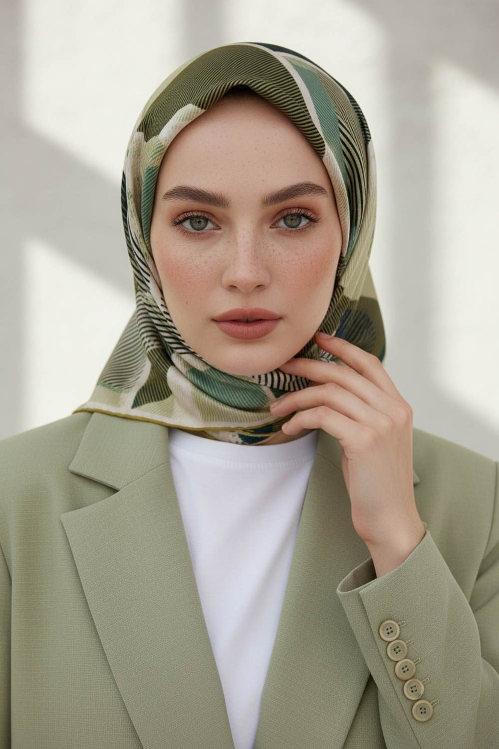 %100 Twill İpek Geometri Desenli Küf Yeşili - Krem Renkli 90x90 Eşarp Kenar Dikiş Şekli El Dikişli