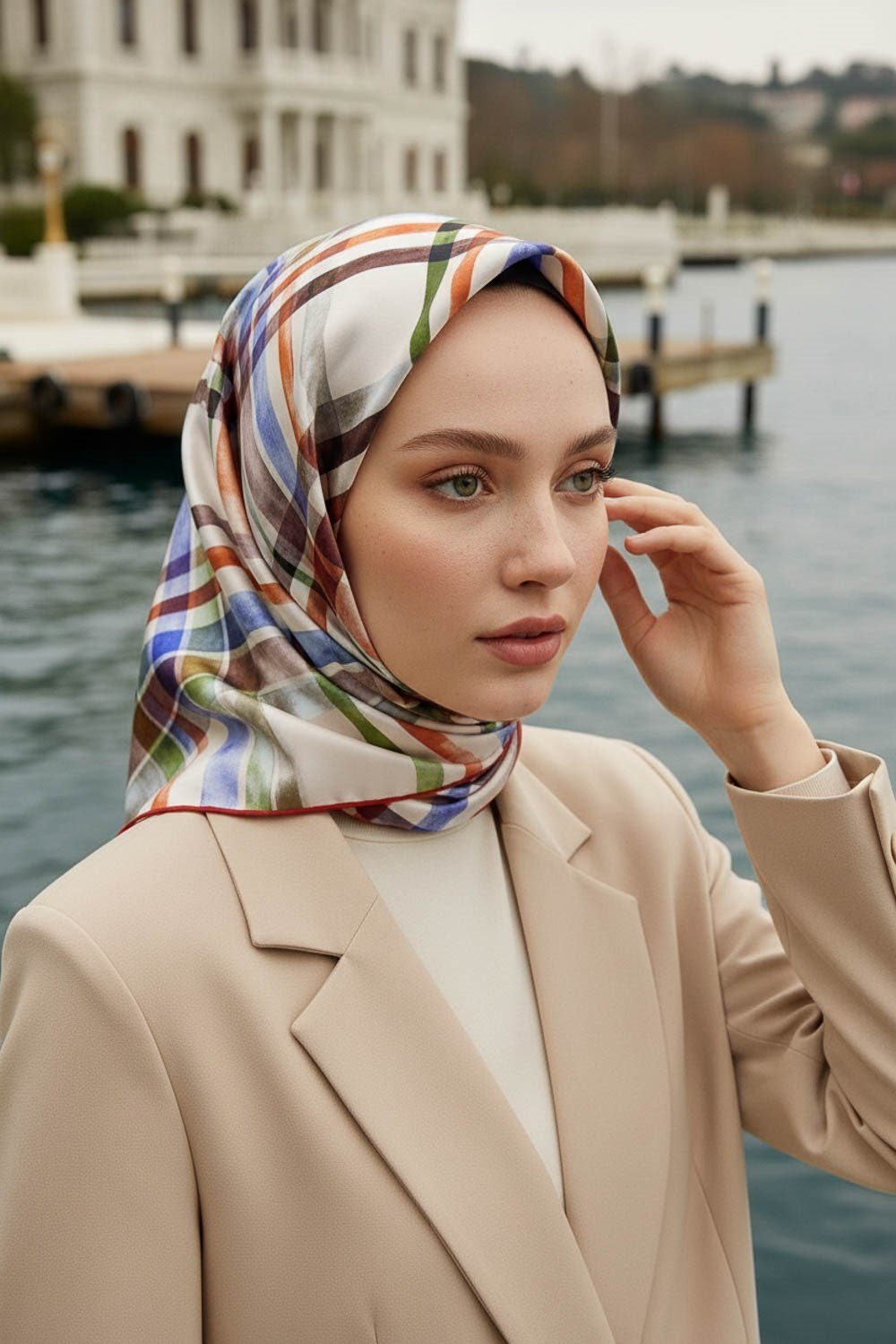 %100 Twill İpek Ekose Desenli Taba - Haki Renkli 90x90 Eşarp Kenar Dikiş Şekli El Dikişli