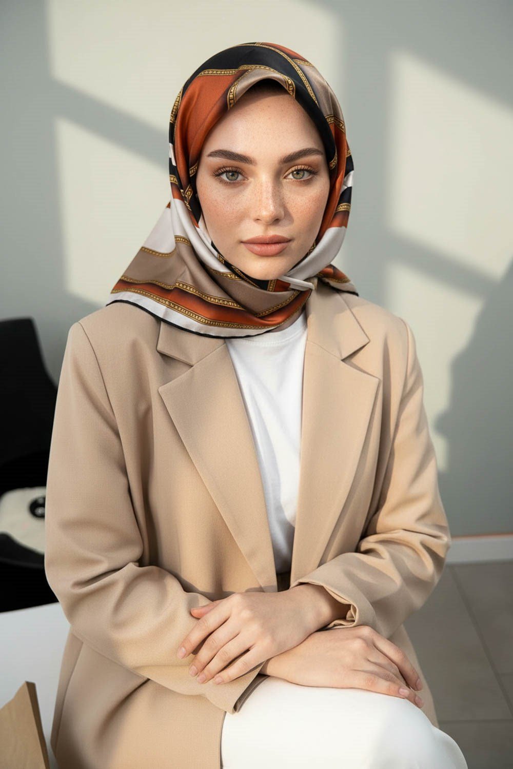 %100 Twill İpek Geometrik Desenli Taba - Bej Renkli 90x90 Eşarp Dikim Şekli : El Dikişi