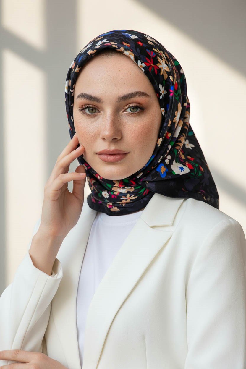 %100 Twill İpek Çıtır Çiçek Desenli Siyah - Fuşya Renkli 90x90 Eşarp Dikim Şekli : El Dikişi