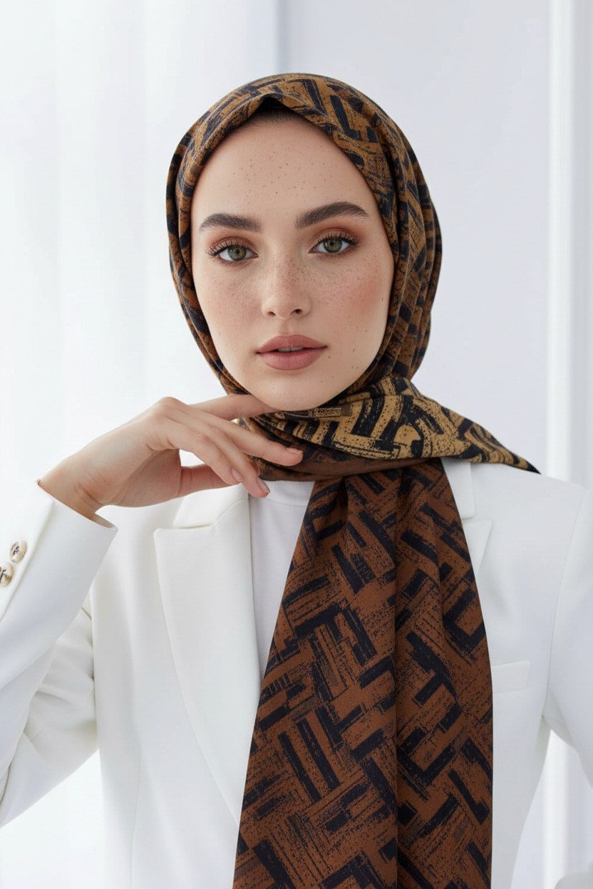 KREP DEGRADELİ ÇİZGİ DESENLİ TABA RENKLİ 75X195 KIRIŞMAZ ŞAL