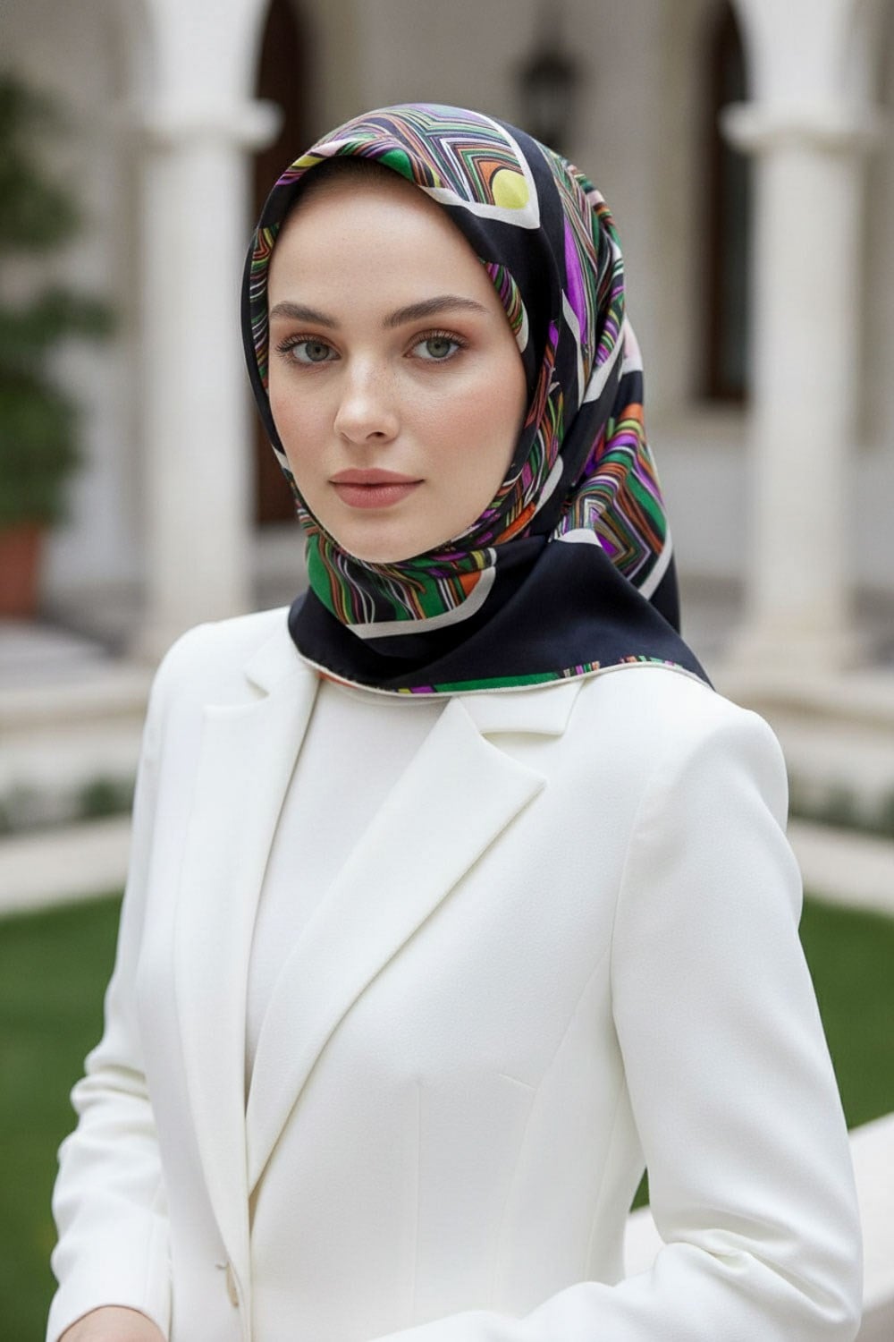 %100 Twill İpek Geometrik Kare Desenli Siyah - Zümrüt Yeşili Renkli 90x90 Eşarp Dikim Şekli : El Dikişi