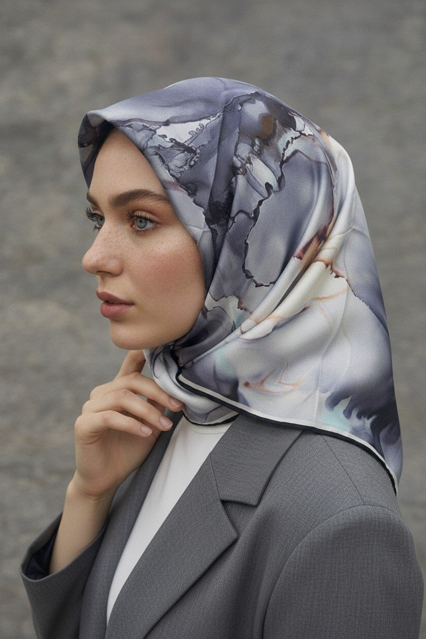 %100 Twill İpek Batik Çiçek Desenli Gri - Bebe Mavisi Renkli 90x90 Eşarp Kenar Dikiş Şekli El Dikişli