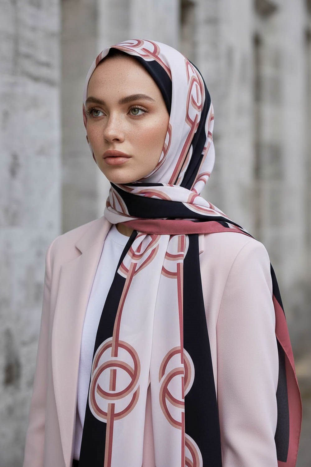 KREP ÇİZGİLİ DESENLİ PUDRA RENKLİ 75X195 KIRIŞMAZ ŞAL