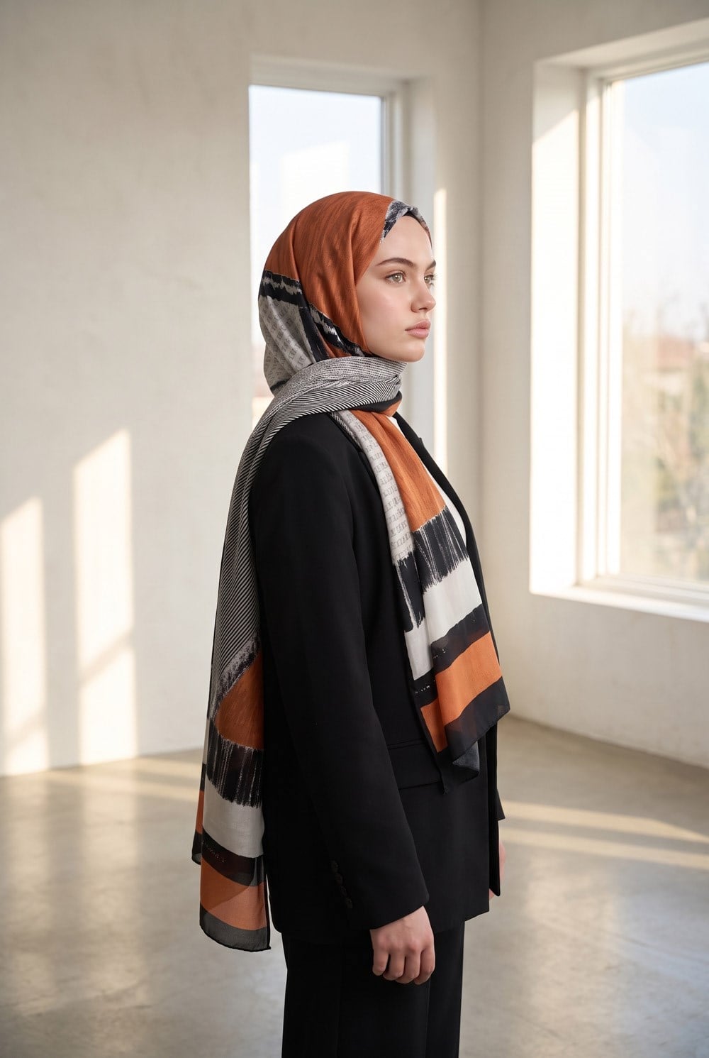 %100 Saf İpek Şal İnce Saten Vual Dokuma Patchwork Desenli Siyah - Taba Renkli 90x210 Şal