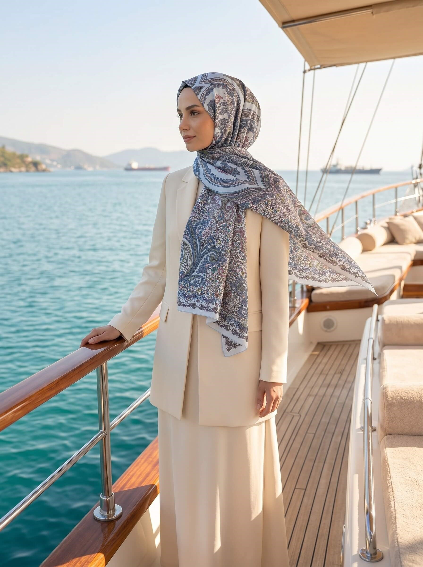 %100 Saf İpek Şal İnce Saten Vual Dokuma Etro Desenli Bebe Mavisi - Pembe Renkli 90x210 Şal
