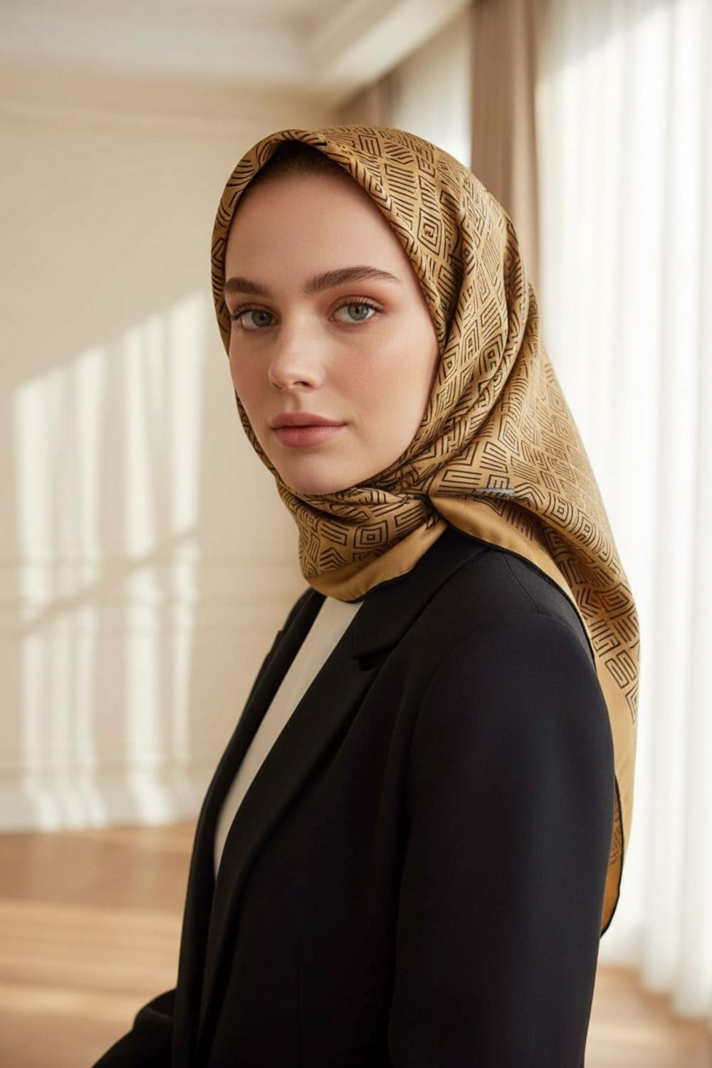 100% Twill İpek Etnik Motif Desenli Gold - Siyah Renkli 90x90 Dikim Şekli : El Dikişi Eşarp