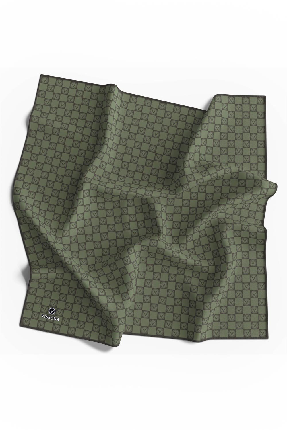%100 Twill İpek Monogram Desenli Çağla Yeşili Renkli 90x90 Eşarp Dikim Şekli : El Dikişi