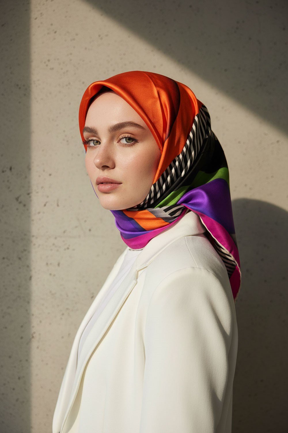 %100 Twill Renk Bloklu Çizgili Desenli Turuncu - Mor Renkli 90x90 Eşarp Dikim Şekli: El Dikişii