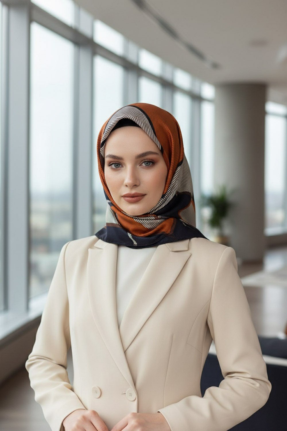 %100 Twill İpek Geometrik Desenli Taba Renkli 90x90 Eşarp Dikim Şekli : El Dikişi