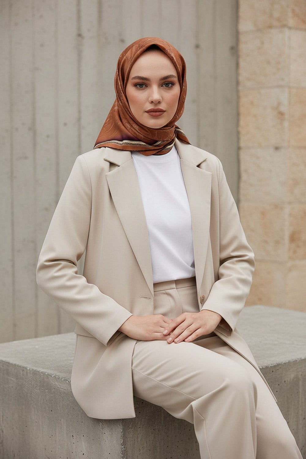 %100 Twill İpek Mermer Desenli Taba Renkli 90x90 Eşarp Dikim Şekli : El Dikişi
