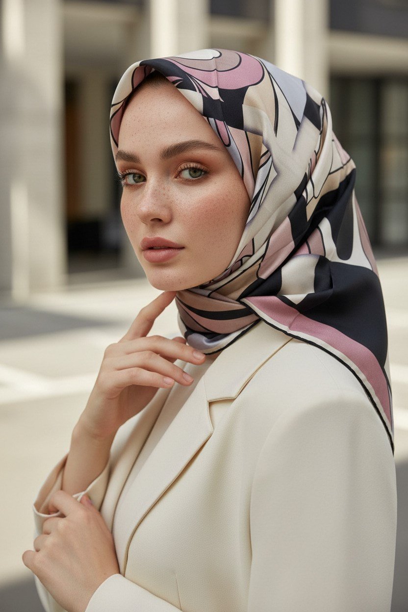 % 57 İPEK % 43 VİSKON Twill İpek Geometrik Desenli Gri - Pudra Renkli 90x90 Dikim Şekli : El Dikişi Eşarp