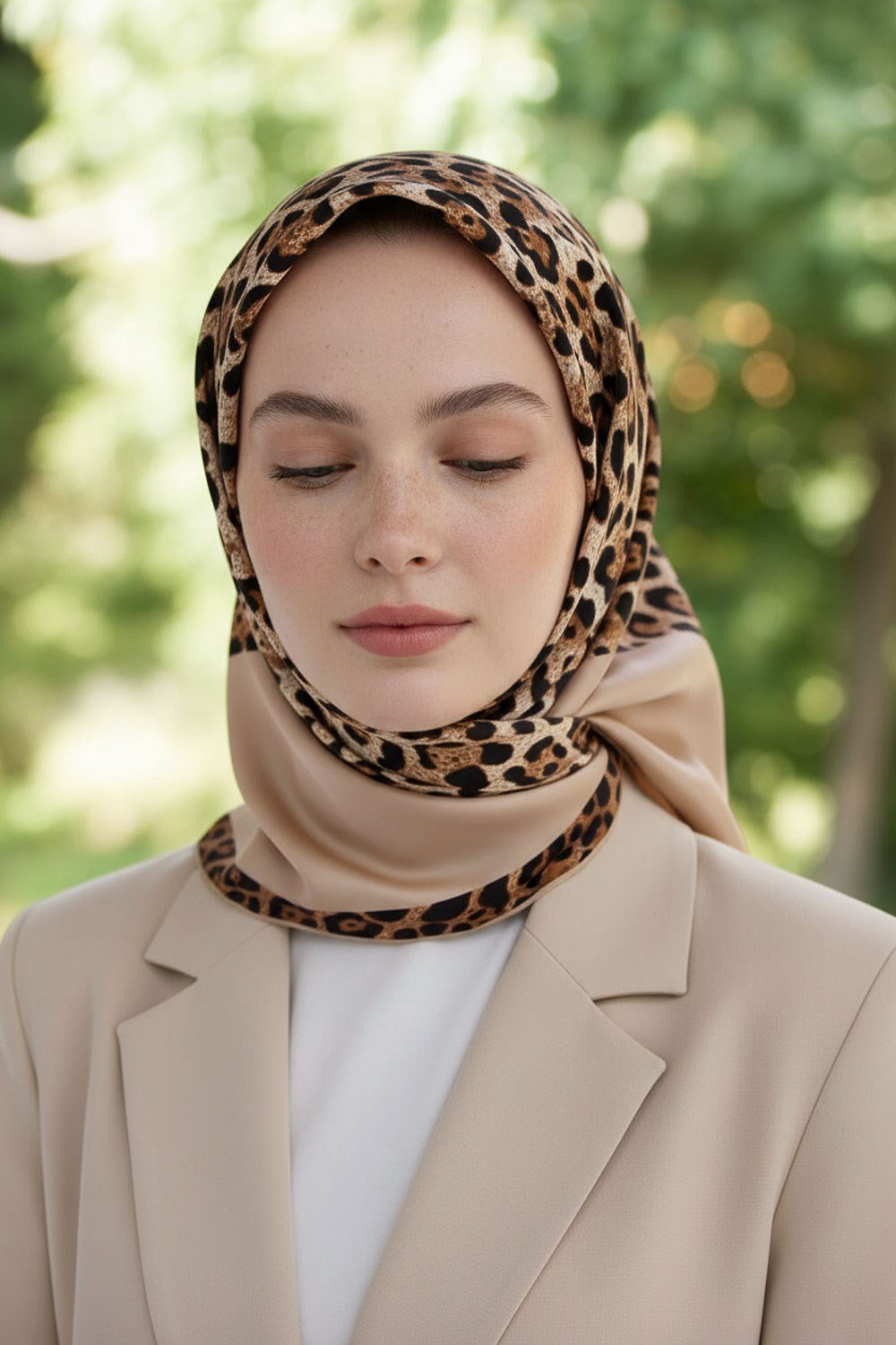%100 Twill İpek Leopar Desenli Bej Renkli 90x90 Eşarp Dikim Şekli : El Dikişi