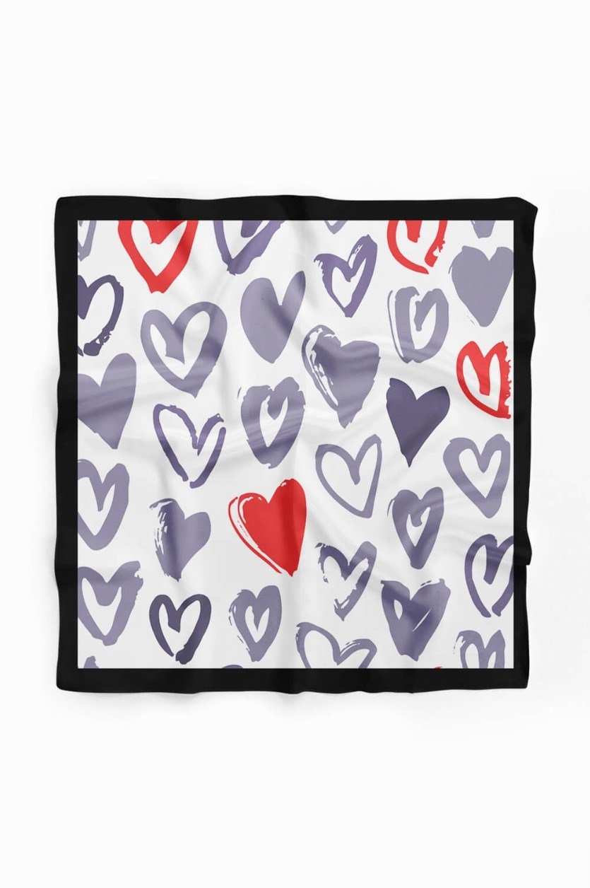 Violla D119 Kadın Kalp Desenli Bandana 50x50 Kırmızı Gri - DG0386