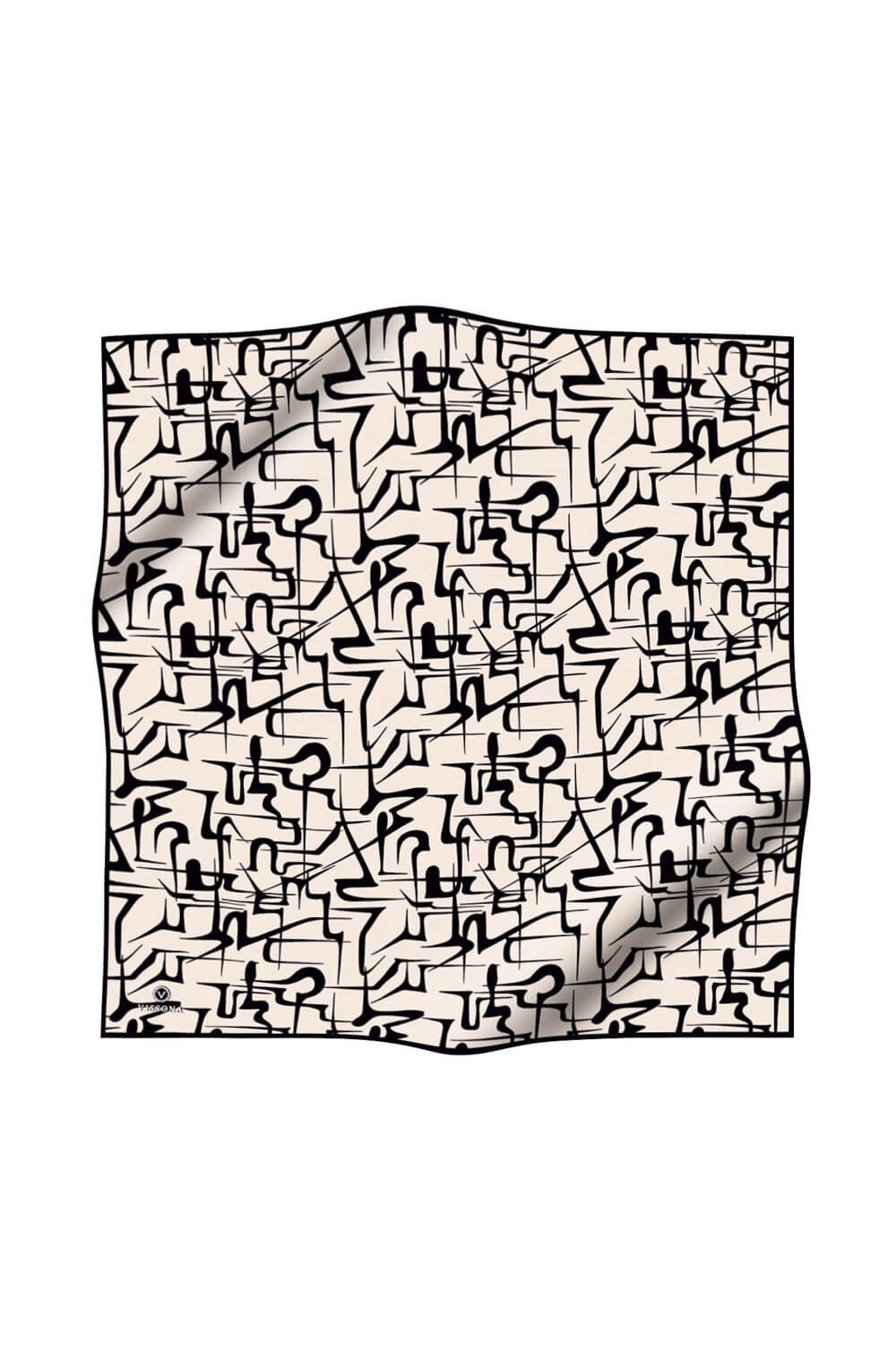 % 57 İPEK % 43 VİSKON Twill İpek Soyut Geometrik Desenli Krem - Siyah Renkli 90x90 Eşarp Dikim Şekli : El Dikişi