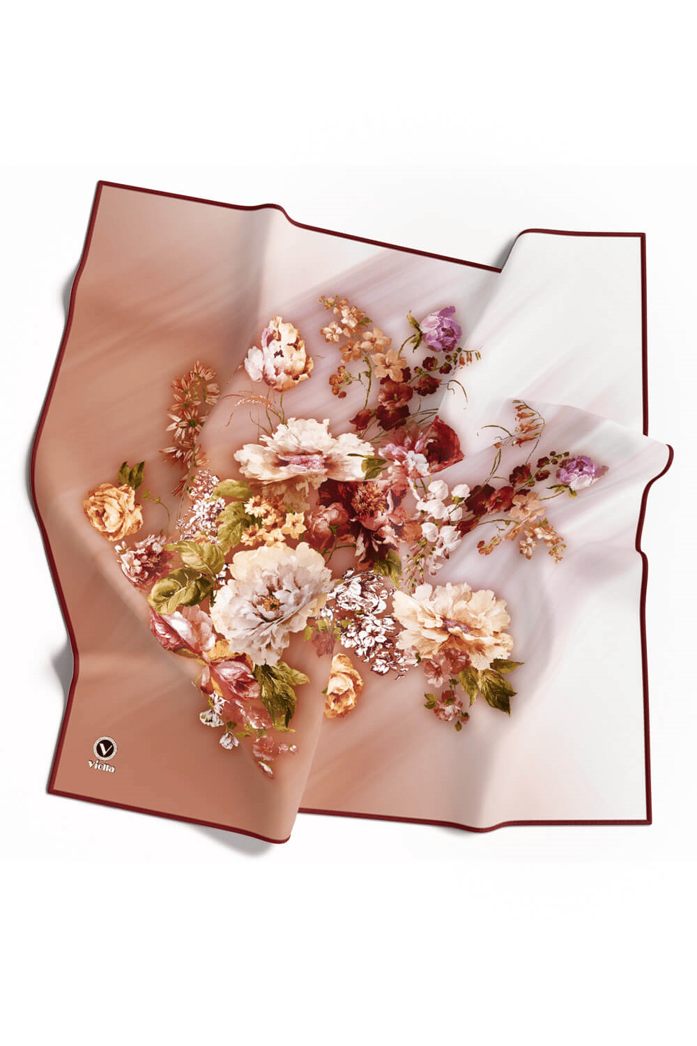 Twill Degradeli Çiçek Desenli Taba Renkli 90x90 Eşarp (İpek İçermez) Kenar Dikiş Şekli El Dikişli