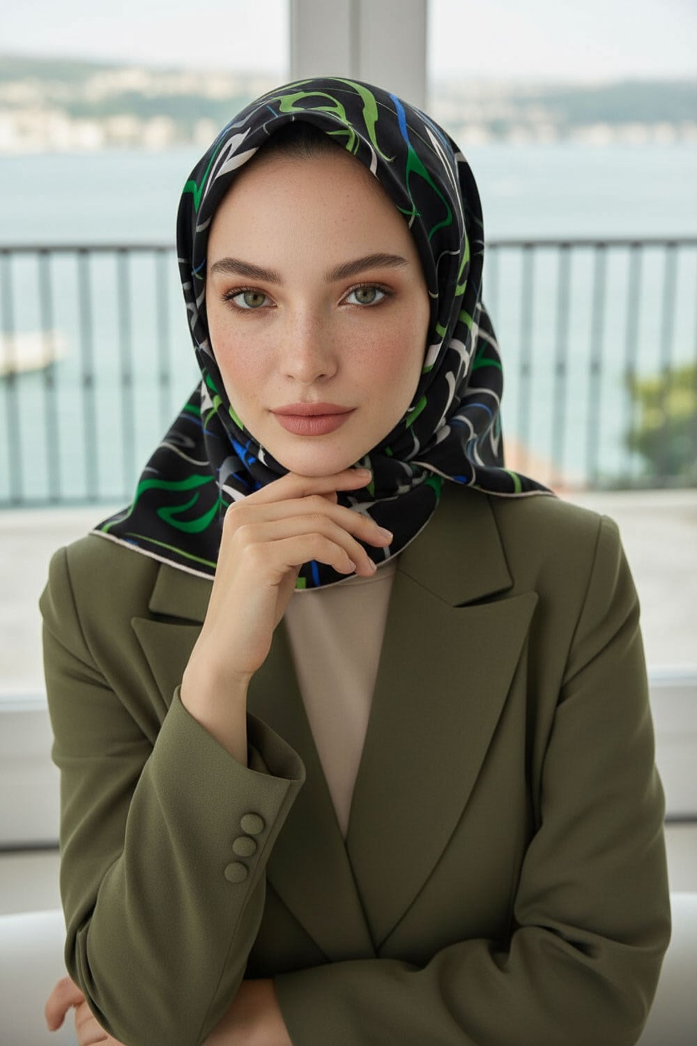 % 57 İPEK % 43 VİSKON Twill İpek Soyut Geometrik Desenli Saks - Zümrüt Yeşili Renkli 90x90 Eşarp Dikim Şekli : El Dikişi