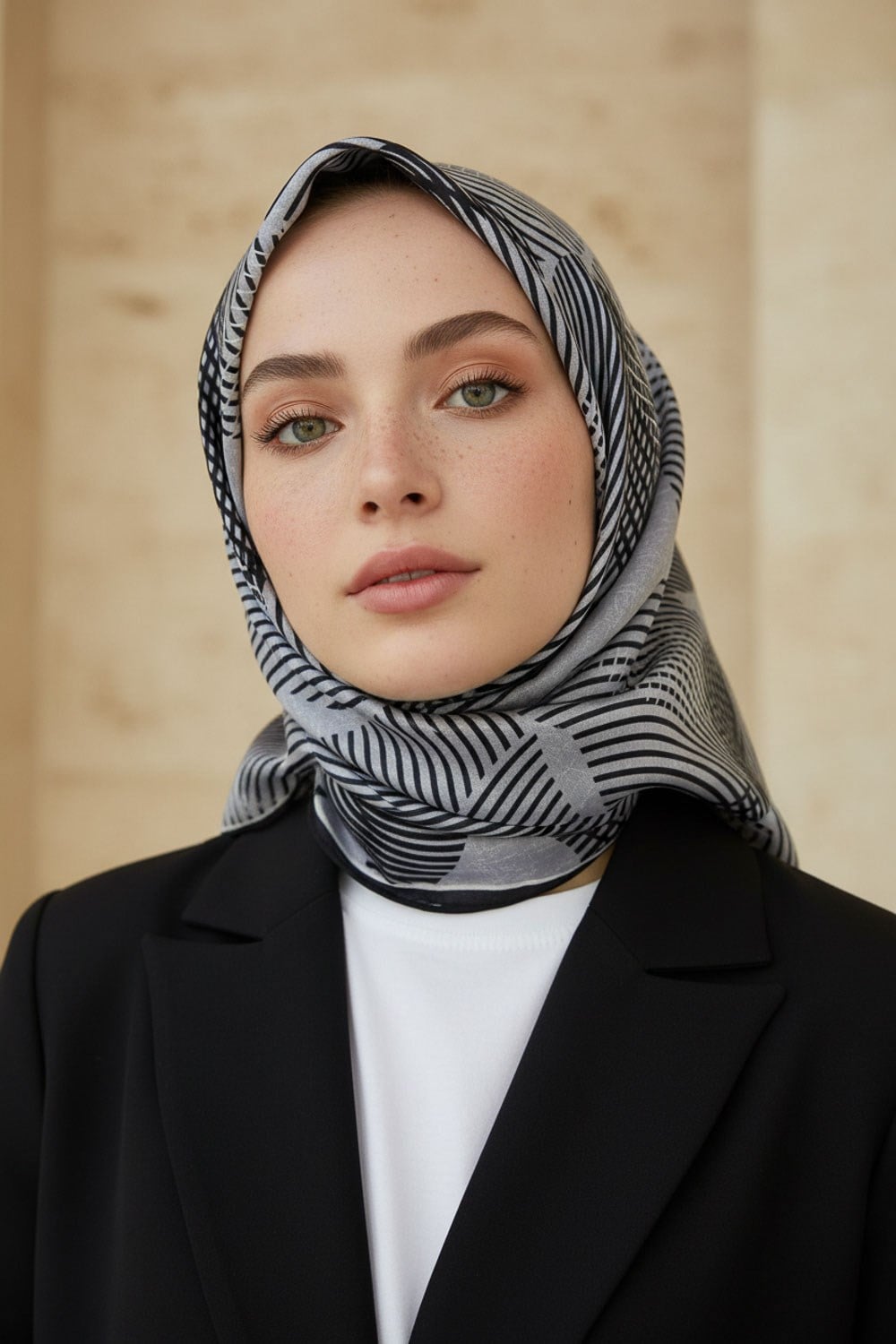 %100 Twill İpek Çizgili Çiçek Desenli Siyah - Gri Renkli 90x90 Eşarp Dikim Şekli : El Dikişi