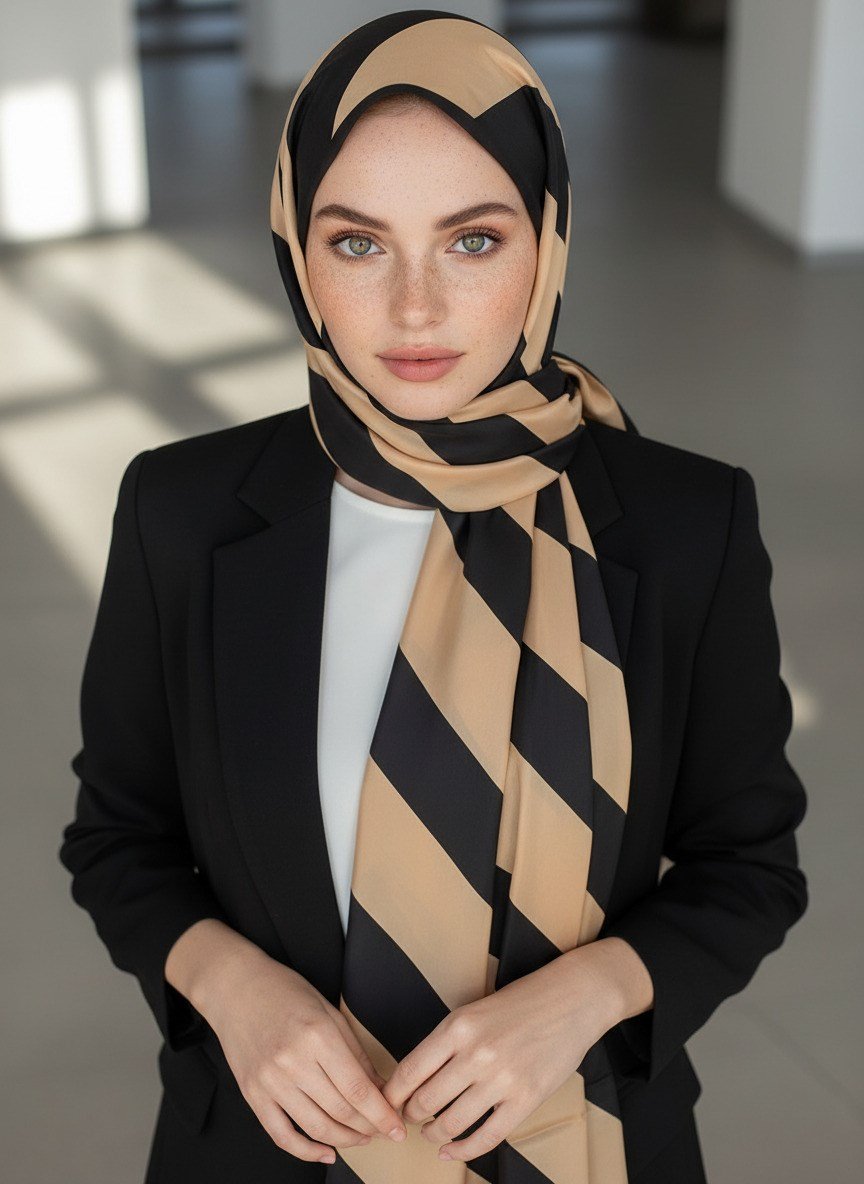 %100 Saf İpek Şal İnce Saten Vual Dokuma Çizgili Desenli Gold - Siyah Renkli 90x210 Şal