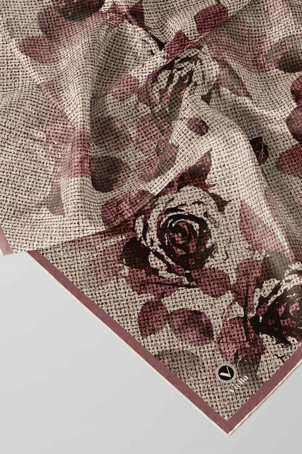 Twill Gül Desenli Pudra Renkli 90x90 Eşarp (İpek İçermez) Kenar Dikiş Şekli El Dikişli